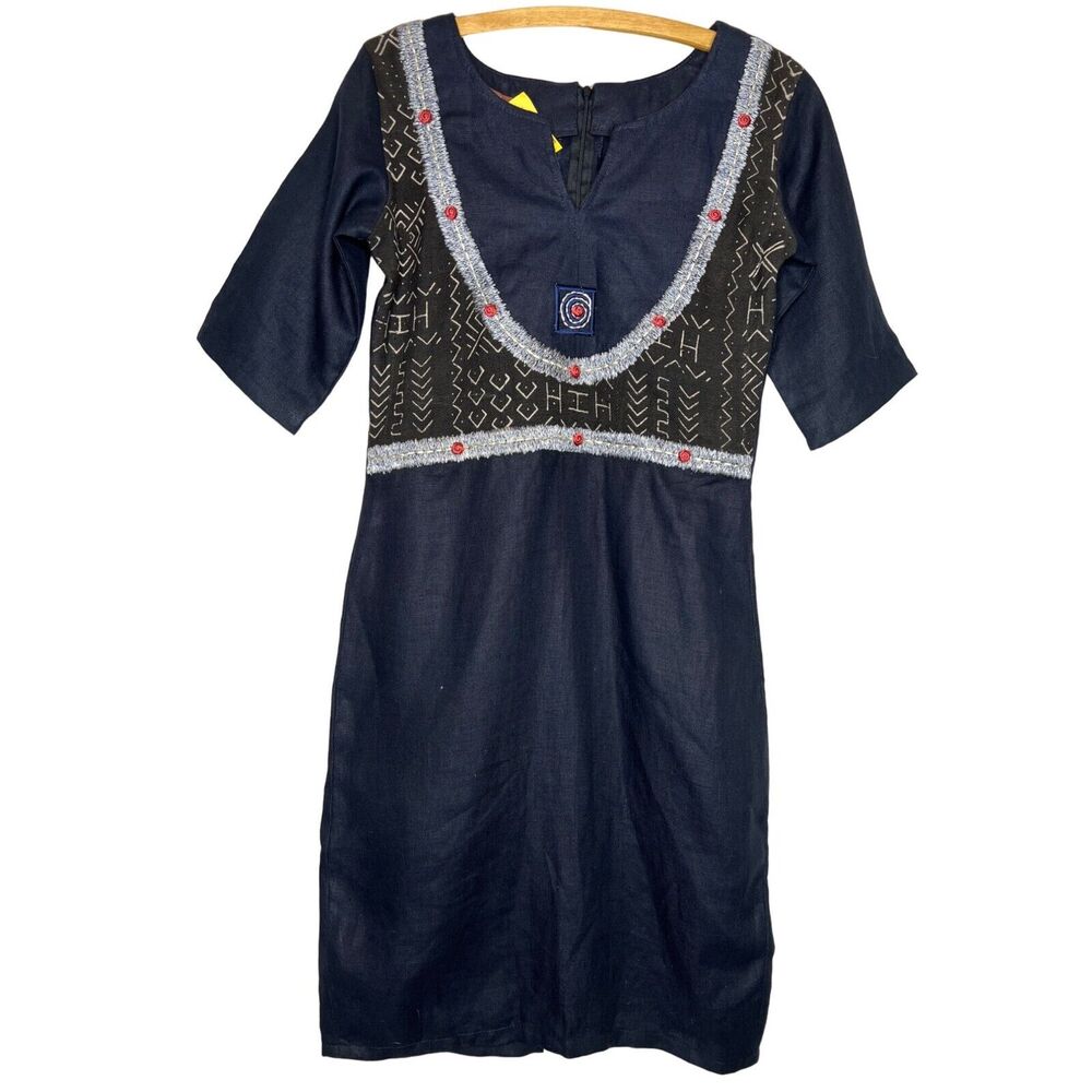 Nallem Ghana Size 10 African Mudcloth Dress Embroidered Metallic Thread Zip Back